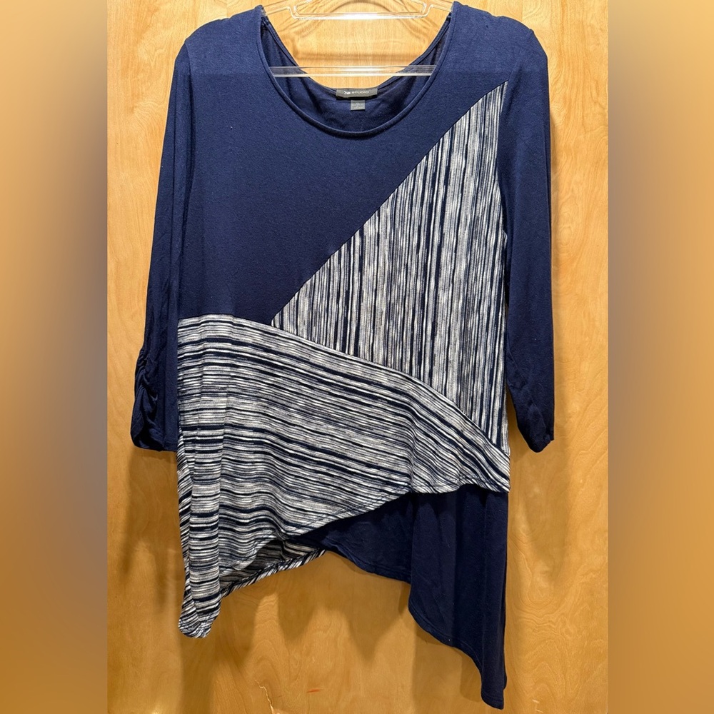 AB Studio Navy and White Thin Stripe Asymmetrical Long Sleeve Top